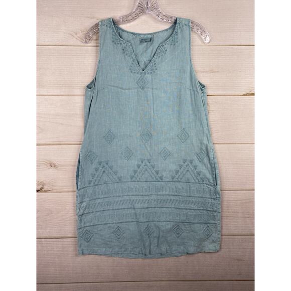 Artisan NY Dress S Blue Midi Slip 100% Linen Sleeveless Embroidered Pockets Boho - Picture 1 of 10
